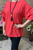 BQ15871 Short sleeve w/double ruffle&bronze stud women blouse