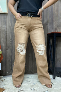 S013 Scratch on the knee tan jean long straight women pants