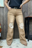 S013 Scratch on the knee tan jean long straight women pants