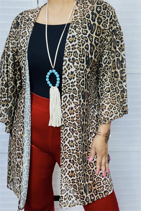FW13037 Sheer Leopard printed slit side long sleeves  women cardigan (AS6)
