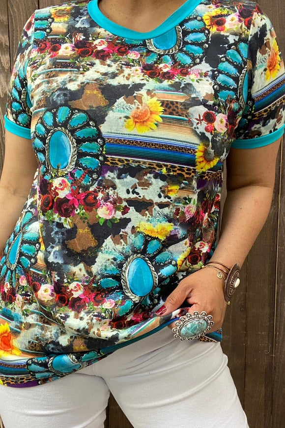 XCH11682 Turquoise jewel multi color printed short sleeves women tops