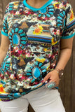 XCH11682 Turquoise jewel multi color printed short sleeves women tops CS7