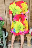 GJQ15888 Colorful big floral printed short sleeve women dress w/side pockets &elastic waist band