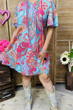 GJQ15832 Paisley multi color printed bell short sleeve mint women dress w/side pockets