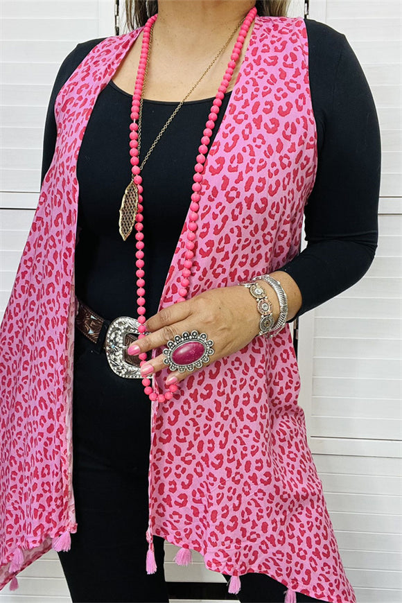 FW13035 Pink leopard sleeveless women vest with pink pompom(BS13