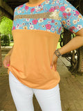 XCH11366 Orange/Blue floral multi color printed top w/sequin details short sleeves women tops