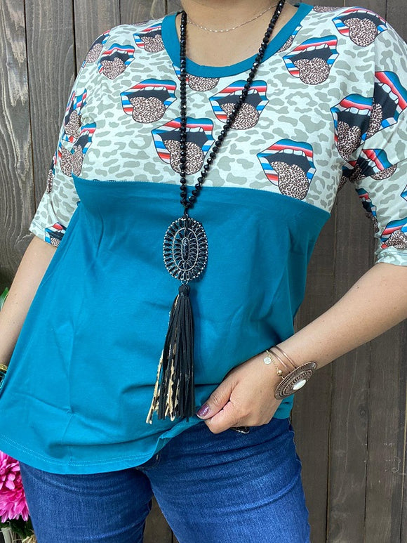 FW9819 Teal mouth&leopard multi color printed short sleeves women tops