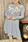 XCH11733 Gray/white striped & floral printed long sleeve w/side pockets women dress (AS1)