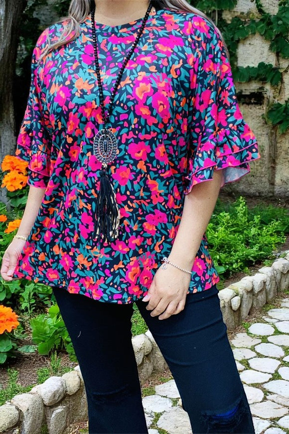 Shop Fuchsia/turquoise Floral printed double ruffle short sleeve women top GJQ15596