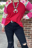 GJQ14619 Pink&Floral multi color printed long sleeve red block color raglan design women top