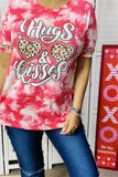 DLH12875 Hugs & Kissed Leopard hearts printed fuchsia tie-dye women top w/ short sleeve