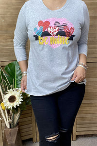 DLH8901 "BE MINE" heart multi color printed 3/4 sleeve women gray T-shirt for valentine holiday