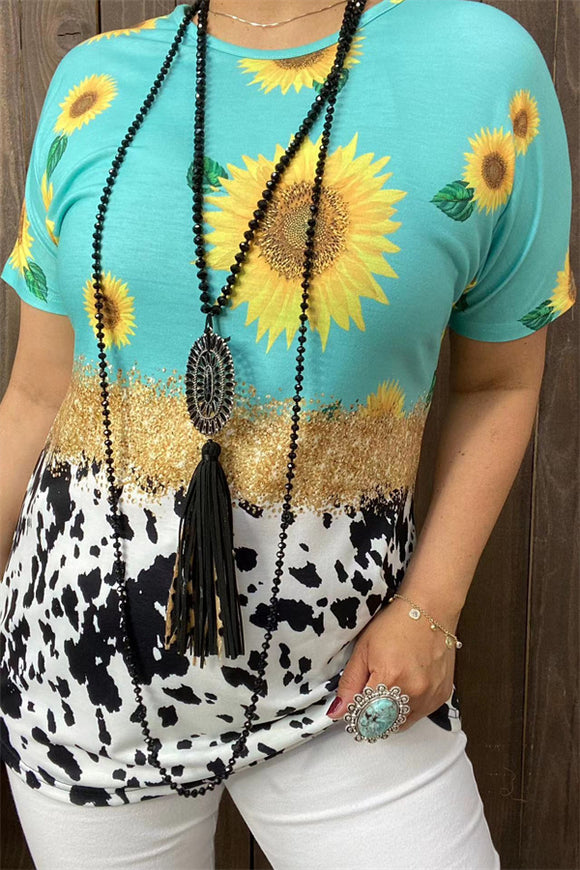 XCH13234 Sunflower turquoise&leopard multi color printed short sleeves women tops