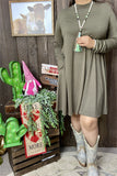 YMY11950-1 Solid olive green long sleeve dress w/pockets (AS15)