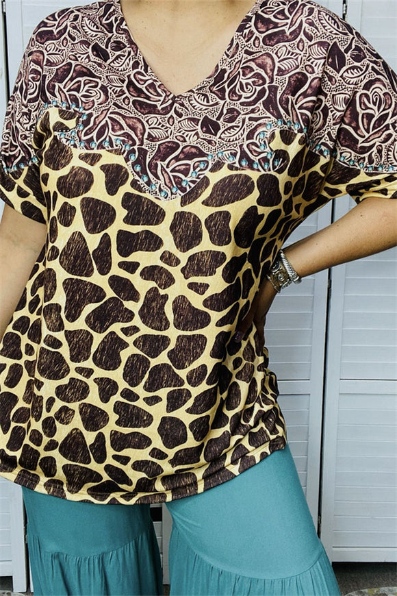 XCH14421  Floral and brown leopard printed short sleeve women tops(BS8