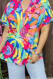 GJQ15636 Teal/mint/orange multi color printed short sleeve women top w/V-neckline
