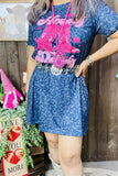 XCH14366 Fuchsia boot graphic blue leopard printed short sleeve w/side pockets women dress