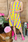 BQ10655 Yellow/pink Aztec multi color printed sleeveless dress w/pockets