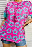 XCH14603  Fuchsia &turquoise floral printed short sleeves women tops wholesale (FS10)