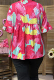 XCH15921 Fuchsia/mint multi color graphic printed drop-shoulder short sleeve baby doll women blouse