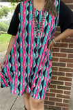 YMY15527 Turquoise&fuchsia color printed black short sleeve w/side pockets women dresses