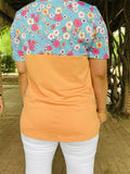 XCH11366 Orange/Blue floral multi color printed top w/sequin details short sleeves women tops