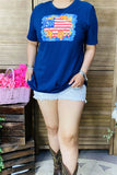 DLH10901 Blue USA Flag printed buffalo short sleeve women blue tops (GS10)