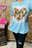 DLH13771 Cow & sunflower heart printed short sleeve women top