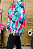 XCH15700 Turquoise/Teal multi color floral printed long sleeve w/elastic cuff women tops