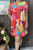 GJQ15681 Floral multi color printed short sleeve women midi dresses w/side pockets