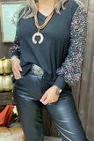 XCH15149-1 Sequin long sleeve w/tighten cuff black women tops