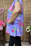 GJQ15842  Fuchsia multi color floral printed V-neckline short sleeve w/ruffle women purple tops