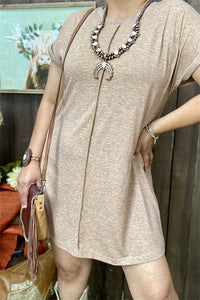 XCH15454 Tan solid color short sleeve/ fold trim women dress