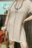 XCH15454 Tan solid color short sleeve/ fold trim women dress