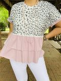 BQ14807 Leopard printed light pink block short sleeves double ruffle bottom baby doll women tops(GS1)