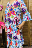 GJQ15875 Paisley&floral multi color printed 3/4 sleeve w/ruffle women dress w/side pockets