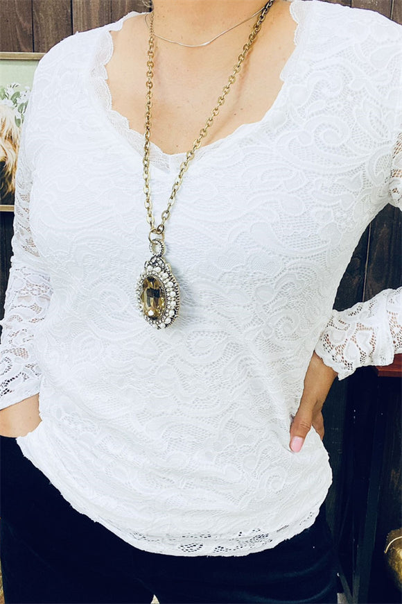 Women's t-shirt wholesale White lace w/lining deep v-neck long sleeves BQ15441