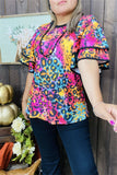 XCH15659 Colorful leopard printed double ruffle short sleeve women tops