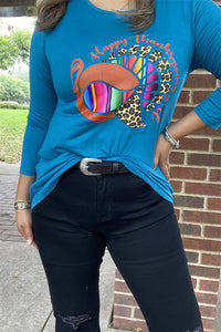 DLH8330 Wholesale Happy Thanksgiving y'all serape/leopard printed turkey 3/4 sleeve women teal TOP( HS2)