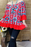 YMY15524 Mint/Turquoise/Red  printed short sleeve w/red ruffle trim&bottom loose neckline women blouse