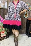 GJQ15746 Leopard printed fuchsia/black solid color short sleeve women dress w/side pockets