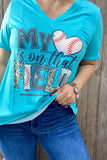 XCH13473 "MY HEART IS ON THAT FIELD" Baseball & leopard printed turquoise t-shirt(BS9
