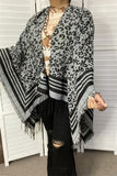 LW11392 Grey & black leopard knitted women shawl w/tassels&fringe