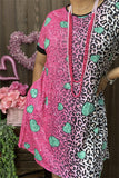 XCH14530 Paisley & Leopard fuchsia/teal heart multi color printed short sleeve women dress