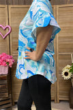 BQ15867 Wave graphic teal&turquoise short sleeve w/ruffle women tops