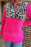 BQ15491 Leopard printed fuchsia solid color velvet long sleeve w/zipper women tops