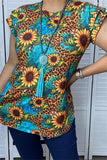 BQ12543 Leopard & sunflower turquoise multi color printed short sleeve tops (GS5)