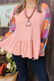 XCH15485 Floral multi color printed long sleeve pink solid color for body w/ruffle bottom women top raglan design