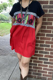 XCH15542 Serape&Aztec w/leopard multi color printed block red/black short sleeve w/side pockets women dress