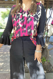 YMY15525 Fuchsia/black leopard multi color printed block black color 3/4 sleeve/ruffle bottom women tops